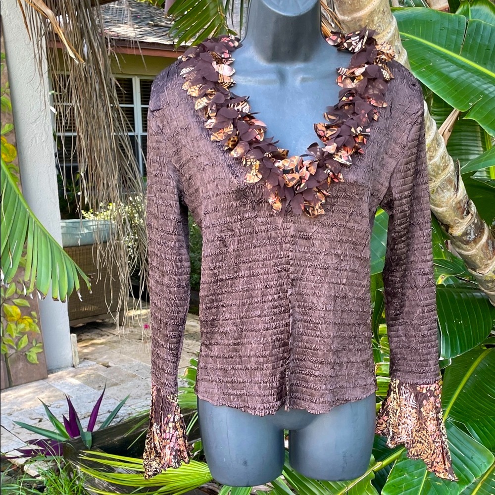 fringe ruffle neck top with bell sleeves